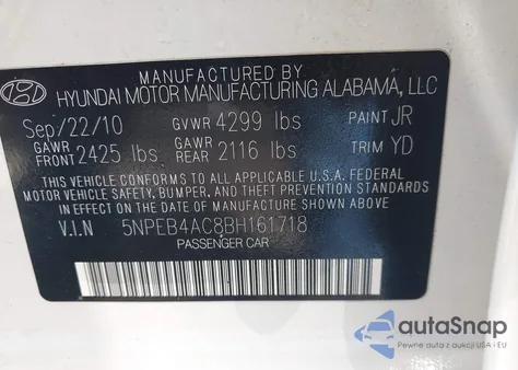 2011 Hyundai Sonata Gls z USA, uszkodzony, nr VIN 5NPEB4AC8BH161718